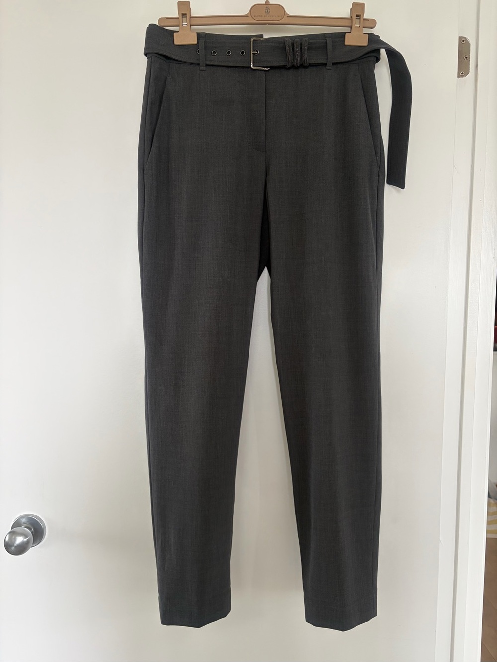 NWT Brunello Cucinelli Anthracite Wool Trousers with Monili Belt – IT 42 / US 6